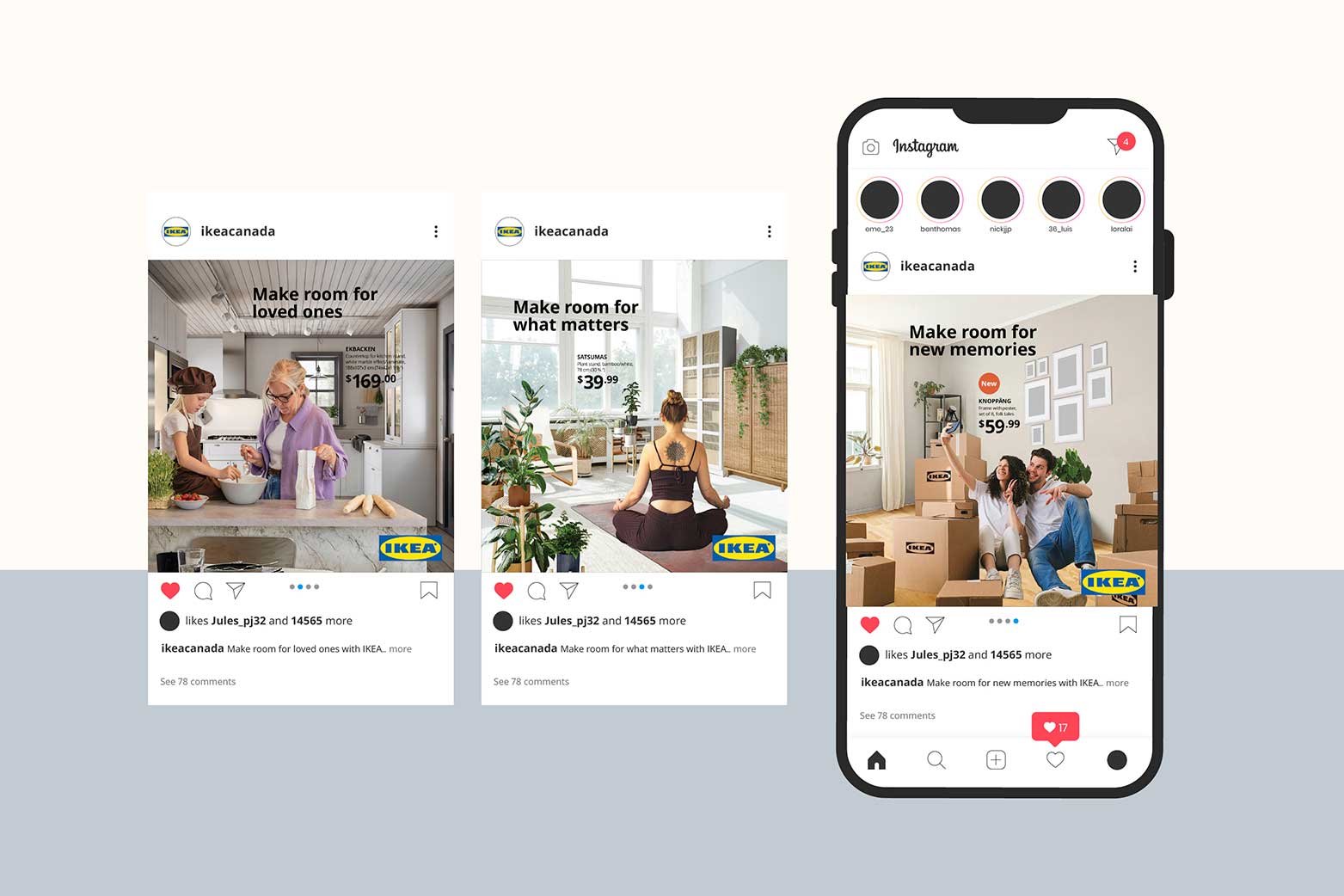 A view of three instagram posting displaying three different campaign messages
