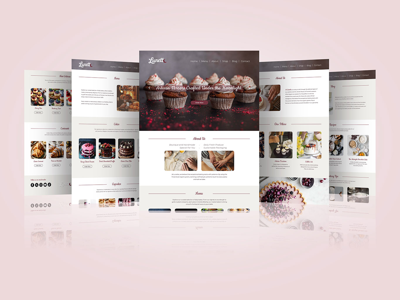 Lunette Bakery website page mockup showing homepage, about, menu, and blog pages