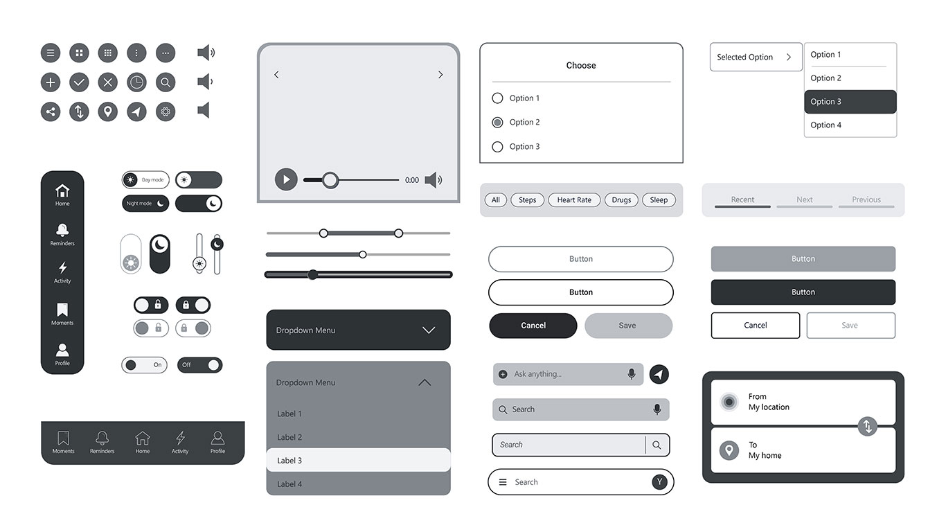 Grayscale version of the UI kit created for the smart bracelet application