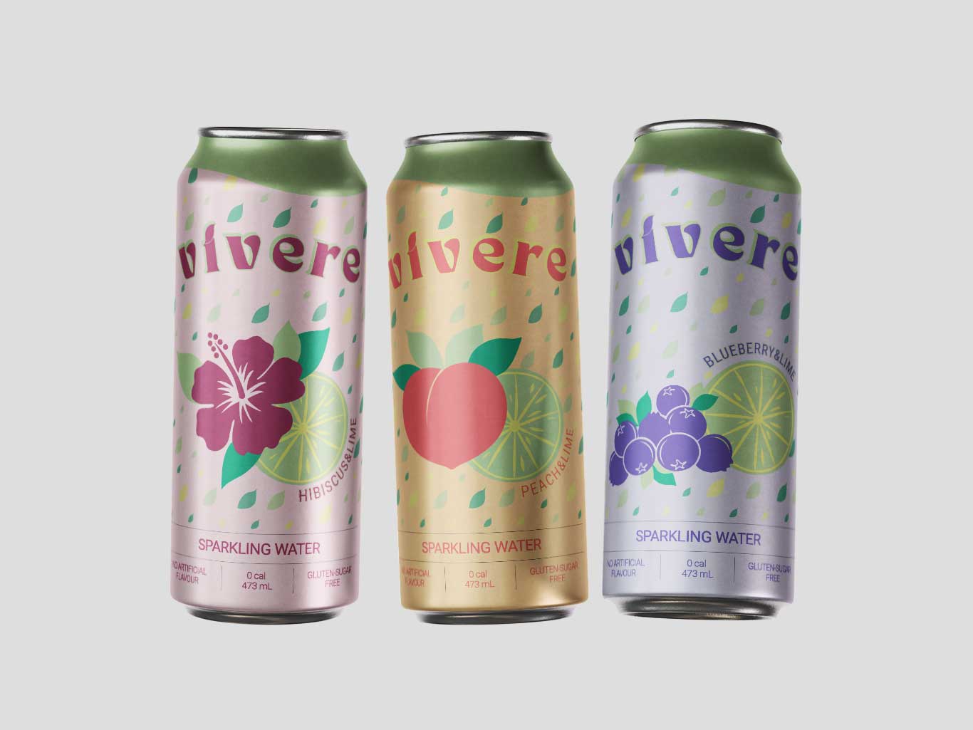 Front view of three Vivere beverage cans with different flavors