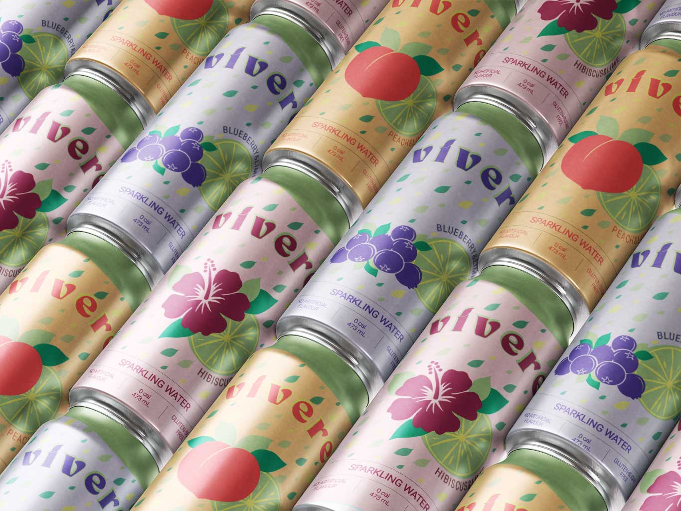 Perspective view of three Vivere beverage cans with different flavors