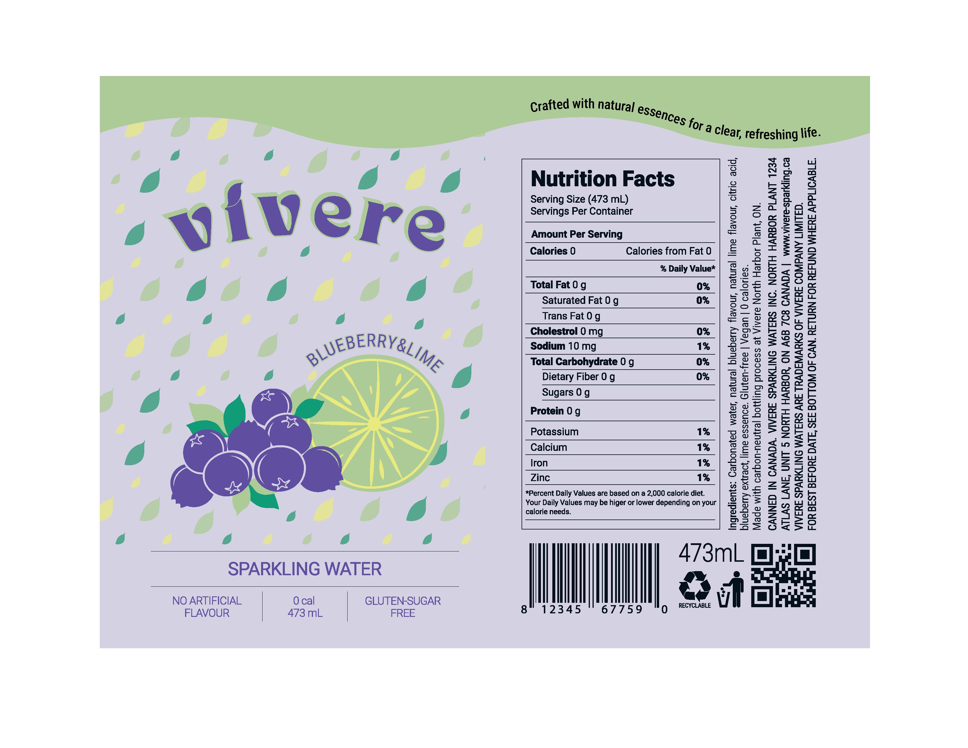 Blueberry and lime flavored Vivere beverage can package design